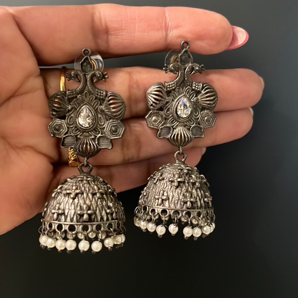 Oxidised silver stone jhumki